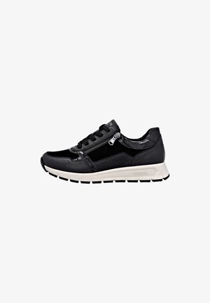 Black sneaker featuring a mix of smooth and textured materials, a reflective logo, and a white midsole with a textured sole for traction.