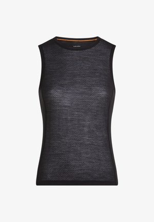 Černý sportovní tílko z průsvitné síťoviny, s kulatým výstřihem a jemným logem "Icebreaker" na hrudi.