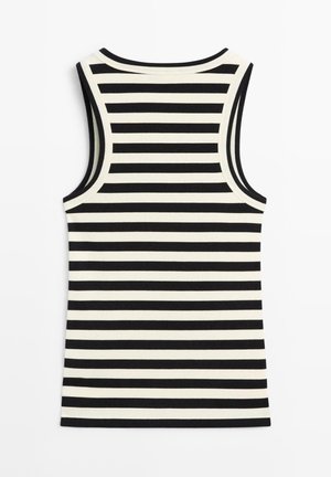 Bezrekawnik prążkowany z poziomymi czarno-białymi paskami, wyłożony płasko, tyłem do góry.