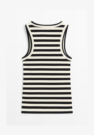 Ärmelloses, geripptes Tanktop mit schwarz-weißen horizontalen Streifen, flach liegend mit Rückseite nach oben.