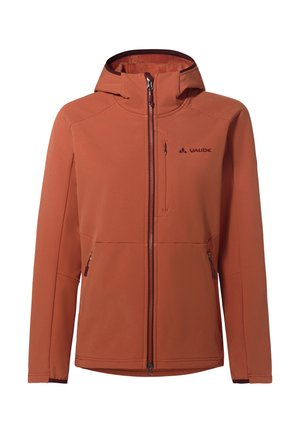 Vaude Softshell-Jacke in verbranntem Orange mit einem Reißverschluss vorne und zwei Seitentaschen. Sie verfügt über eine Kapuze und eine strukturierte, wasserabweisende Oberfläche.