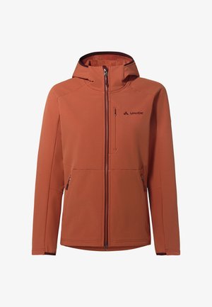 Vaude Softshell-Jacke in verbranntem Orange mit einem Reißverschluss vorne und zwei Seitentaschen. Sie verfügt über eine Kapuze und eine strukturierte, wasserabweisende Oberfläche.