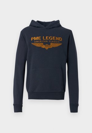 Marineblauwe hoodie van katoenmix, met een voorzak, ribgebreide manchetten en een mosterdgele grafische tekst en vleugeldesign op de borst.