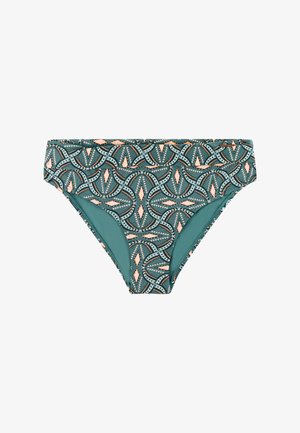 Groen en perzikkleurig geometrisch patroon bikini broekje met mid-rise taille en volledige bedekking.