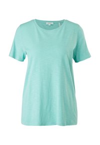 T-shirt bleu clair à manches courtes et col rond, en tissu légèrement texturé avec une coupe décontractée.