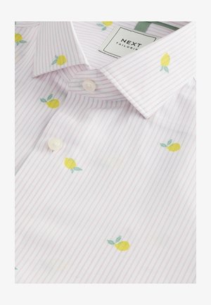 Helles rosa gestreiftes Hemd mit kleiner gelber Zitronen- und grüner Blattformstickerei, mit einem spitzen Kragen und Knopfleiste.