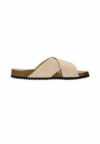 Beige suede slide sandal with cross-over straps, cork midsole, and black textured rubber outsole. Simple, minimalist design.