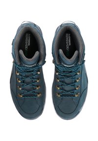 Scarpe da escursionismo in pelle blu con accenti grigi, fodera in rete e dettagli in oro. Presentano suole testurizzate e lacci intrecciati per una maggiore durata.