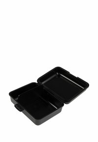 Lunch box in plastica nera in stile bento, con divisore rimovibile, forma quadrata e coperchio a cerniera. Superficie liscia e finitura opaca.