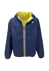 Giacca blu navy con interno giallo, chiusura frontale con zip e zip colorate. Presenta un cappuccio e ha un logo sulla parte superiore sinistra.