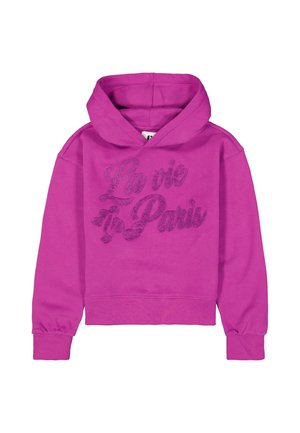 Sweat à capuche rose vif à manches longues avec un texte en relief « "La vie in Paris" » sur le devant.