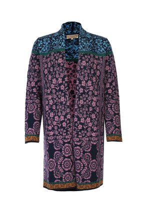 Langer Cardigan mit einem floralen Muster in Marineblau, Pink und Grüntönen. Verfügt über einen Mandarin-Kragen und ein offenes Vorderdesign, strukturierten Stoff.