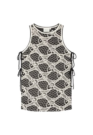 Sleeveless black and white lace top with fish scale pattern and side ties for adjustable fit.