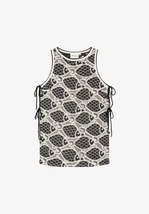 Sleeveless black and white lace top with fish scale pattern and side ties for adjustable fit.