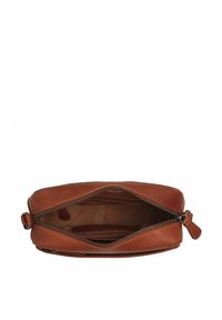 Borsa a tracolla in pelle marrone chiaro con chiusura a zip, dotata di una tasca interna e una finitura liscia. Forma slim e rettangolare.