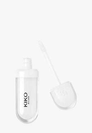 Klarer Lippen-Gloss mit weißem Applikatorstab und transparentem Tube, auf dem "KIKO MILANO" steht, vor weißem Hintergrund.