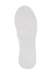 Semelle de sneaker blanche avec des motifs texturés, présentant des rainures horizontales, des accents circulaires et un logo. Matériau lisse avec un léger éclat.