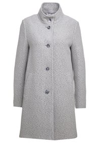 Grå kappa i ullmix med strukturerad yta, ståkrage, knappstängning och två sidofickor. Har mörka knappar och knälång design.