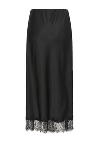 Jupe midi en satin noir, coupe droite avec une délicate bordure en dentelle florale le long de l'ourlet.
