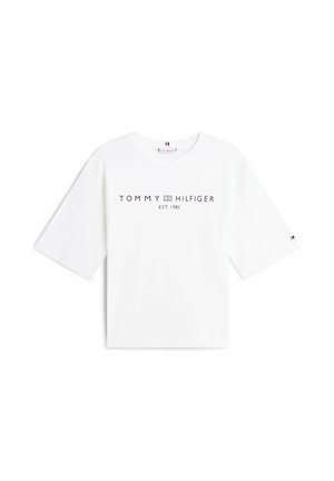 Weißes Baumwoll-T-Shirt mit kurzen, weiten Ärmeln, mit einem Frontlogo: "TOMMY HILFIGER EST. 1985" in Dunkelblau. Einfaches, klassisches Design.