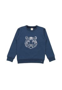 Felpa blu girocollo con una grafica di un volto di tigre bianca centrata sul davanti, dotata di polsini e orlo a costine.