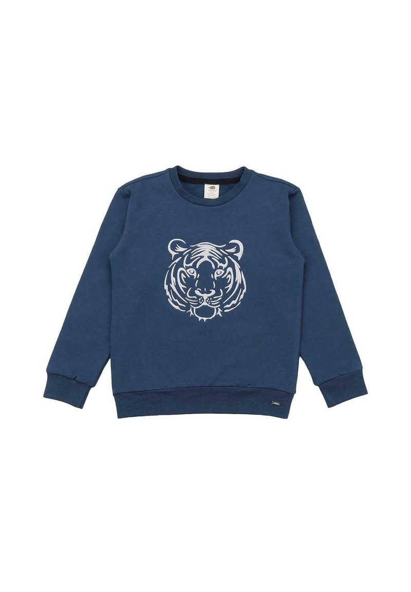 Felpa blu girocollo con una grafica di un volto di tigre bianca centrata sul davanti, dotata di polsini e orlo a costine.