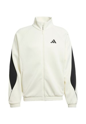 Hvid hættejakke med sorte sidelækker, høj krave, ribbede manchetter og elastisk kant. Har et Adidas-logo på brystet.
