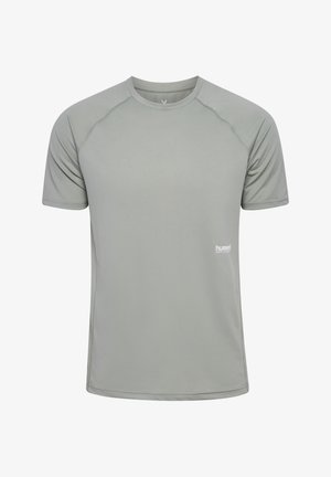 Hellgraues Sport-T-Shirt mit kurzen Ärmeln, strukturiertem Gewebe und einem subtilen, in Weiß aufgedruckten "hummel"-Logo in der Nähe des Saums.
