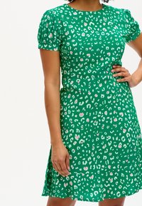 Zelené šaty s krátkými balónovými rukávy, se středně velkým leopardím vzorem v růžové a bílé barvě. Lehce průhledný materiál, přiléhavá část těla a rozšířená sukně.