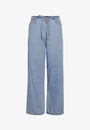 Helehallid laia säärega teksapüksid kõrge elastse vöökohaga ja esiküljel sobiva kangast paelaga.