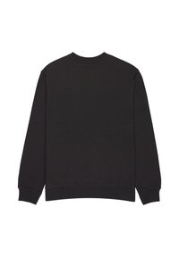 Sort crewneck-sweatshirt med lange ærmer. Bomuldsmateriale, ribstrikket halskant, ærmekanter og kant forneden. Glat tekstur, ingen synlige mønstre eller detaljer.