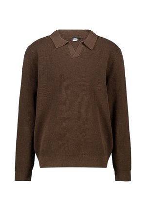Bruine pullover trui met een textuur gebreide patroon, V-halslijn en lange mouwen. Kenmerkt zich door een klassieke kraagontwerp. Zacht materiaal.