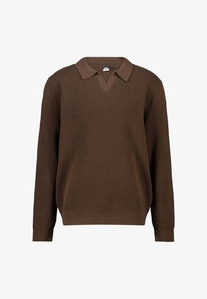 Bruine pullover trui met een textuur gebreide patroon, V-halslijn en lange mouwen. Kenmerkt zich door een klassieke kraagontwerp. Zacht materiaal.