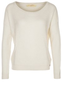 Cremefarbener gestrickter Pullover mit lockerem Schnitt, weitem Rundhalsausschnitt und langen Ärmeln, ausgestattet mit einem strukturierten Muster und einem gerippten Saum.