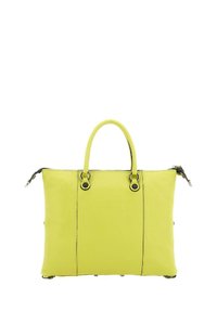 Borsa a mano in pelle gialla con doppio manico superiore, dettagli neri e chiusura con zip. Texture morbida e forma rettangolare strutturata.
