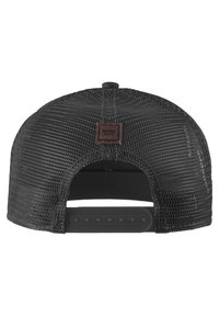 Melnā sieta beisbola cepure ar mīkstu auduma lentu, regulējamu aizdari ar snapback slēgšanu un brūnu ādas uzlīmi aizmugurē.