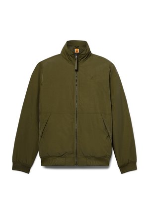 Olivgrüne Jacke aus leichtem Material, mit hohem Kragen, Frontreißverschluss, Seitentaschen und gerippten Bündchen sowie Saum.