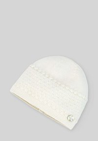 Szykowna, biała czapka dzianinowa z teksturalnymi wzorami i dekoracyjnym guzikiem. Gładkie wykończenie, miękki materiał, zaokrąglony kształt czubka.