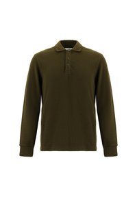 Polo a maniche lunghe di colore verde oliva scuro, realizzato in tessuto texturizzato, con colletto, patta con tre bottoni e maniche con polsini.