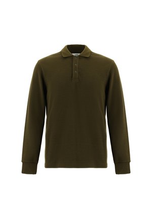 Lange mouw polo in donkergroen, gemaakt van textiel stof, met een kraag, drie knoopsluitingen en manchetten.