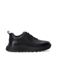 Black leather sneaker with a smooth texture, rounded toe, lace-up front, and a thick rubber sole featuring pronounced tread and heel pull tab.