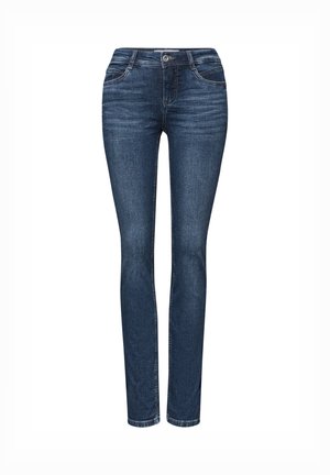 Skinny jeans in donkerblauwe denim, met een klassieke vijf-pocketontwerp, subtiele vervaging en een ritssluiting met een metalen knoopsluiting.