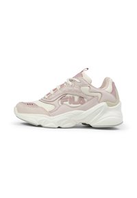 Scarpa sportiva rosa e crema con una tomaia sintetica testurizzata, punta arrotondata e suola bianca spessa; presenta un logo prominente sul lato.
