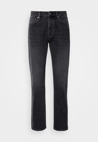 Jean en denim noir à coupe droite, avec une fermeture à bouton et cinq poches. Taille mi-haute, avec une texture légèrement délavée.