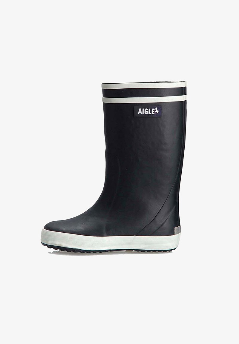 Black rubber rain boot with white sole and gray horizontal stripes at the top. Features a logo patch on the outer side. Smooth texture.