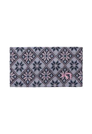 Gehaakte hoofdband in blauw, roze en zwart met een diamantpatroon dat bloemmotieven bevat; inclusief een roze logoaccent.