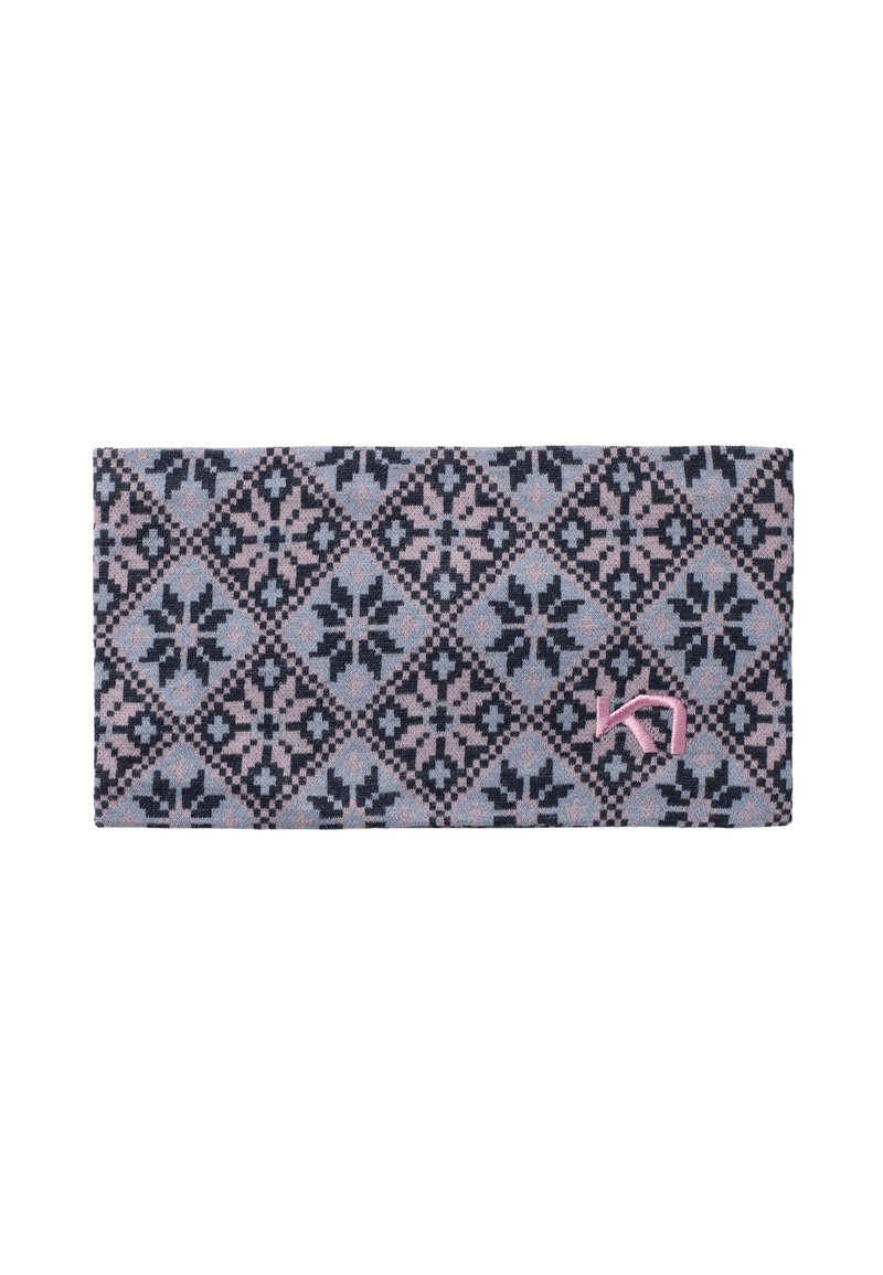Gehaakte hoofdband in blauw, roze en zwart met een diamantpatroon dat bloemmotieven bevat; inclusief een roze logoaccent.