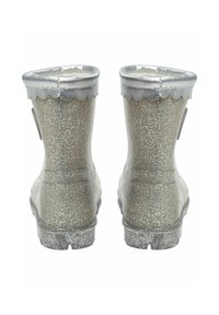 Coppia di stivali impermeabili traslucidi grigi con glitter e rifinitura argentata smerlata sul bordo superiore, visti da dietro su sfondo bianco.