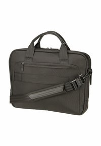 Schwarze Nylon-Aktenmappe mit doppelten Griffen, Vorderreißverschlusstasche und verstellbarem Schultergurt mit gepolstertem Abschnitt.