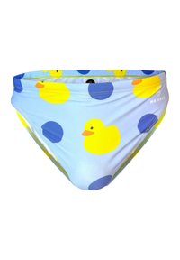 Costume da bagno in tessuto blu chiaro con un motivo di anatre di gomma gialle e pois blu. Include un logo sulla cintura.